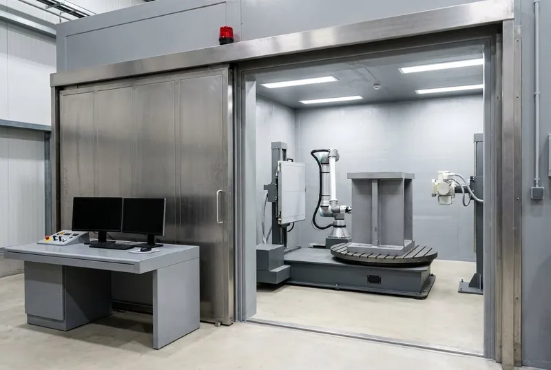 Illustrative image, not a delivered installation — a radiographic inspection cell: a metal-clad radiation-shielded enclosure with a heavy interlocked door, an X-ray manipulator and a flat-panel detector arranged around a plain steel casting on a turntable, a warning beacon over the door and an external control desk, no people, no text and no markings
