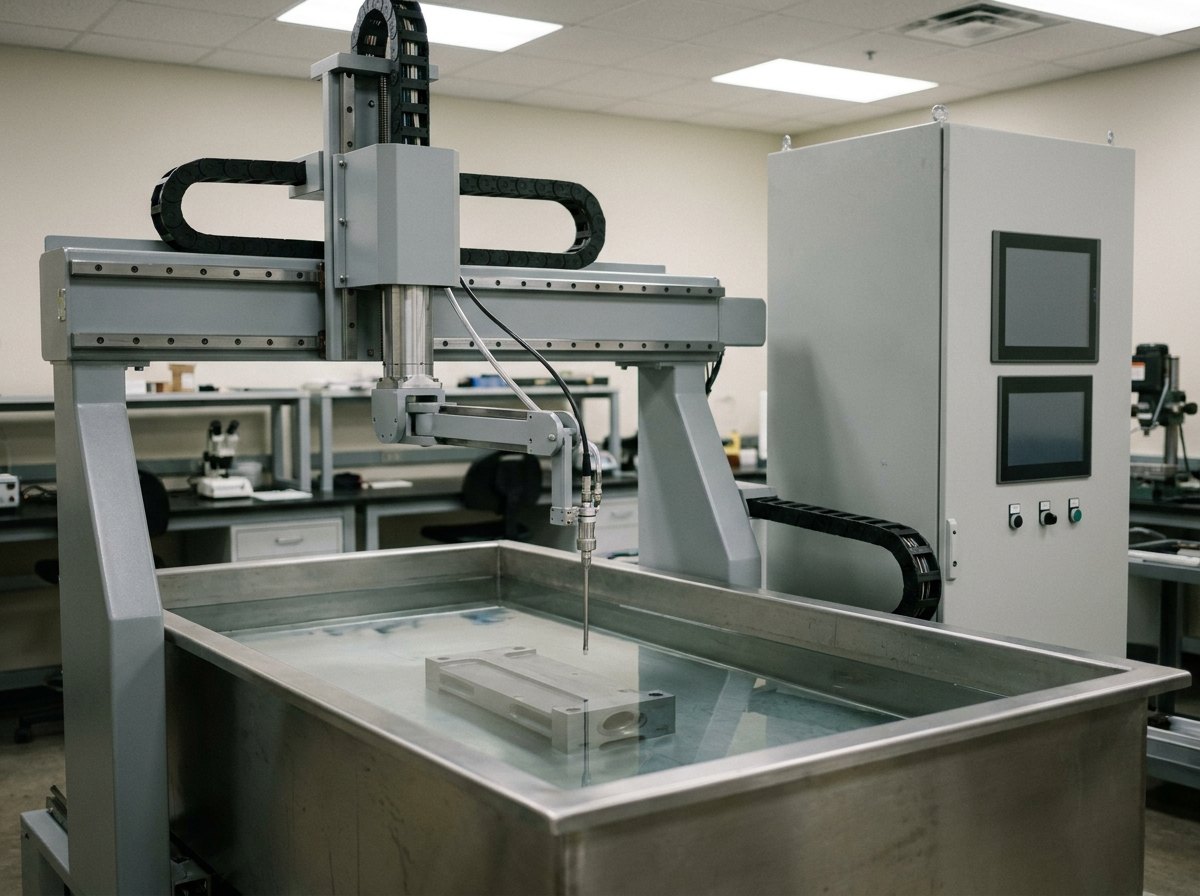 Illustrative image, not a delivered installation — an automated ultrasonic immersion scanner: a stainless water tank with a plain metal part submerged, an overhead multi-axis gantry carrying an ultrasonic probe, and a control cabinet beside it, matte and unmarked, no text and no people