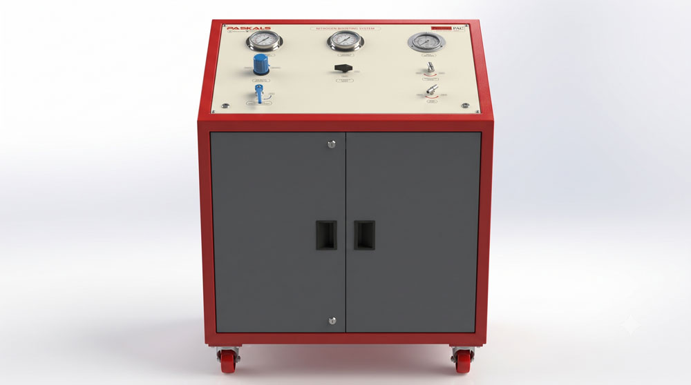 Nitrogen Purging System Pressure PAC — red-framed enclosure with lockable service cabinet doors on castors
