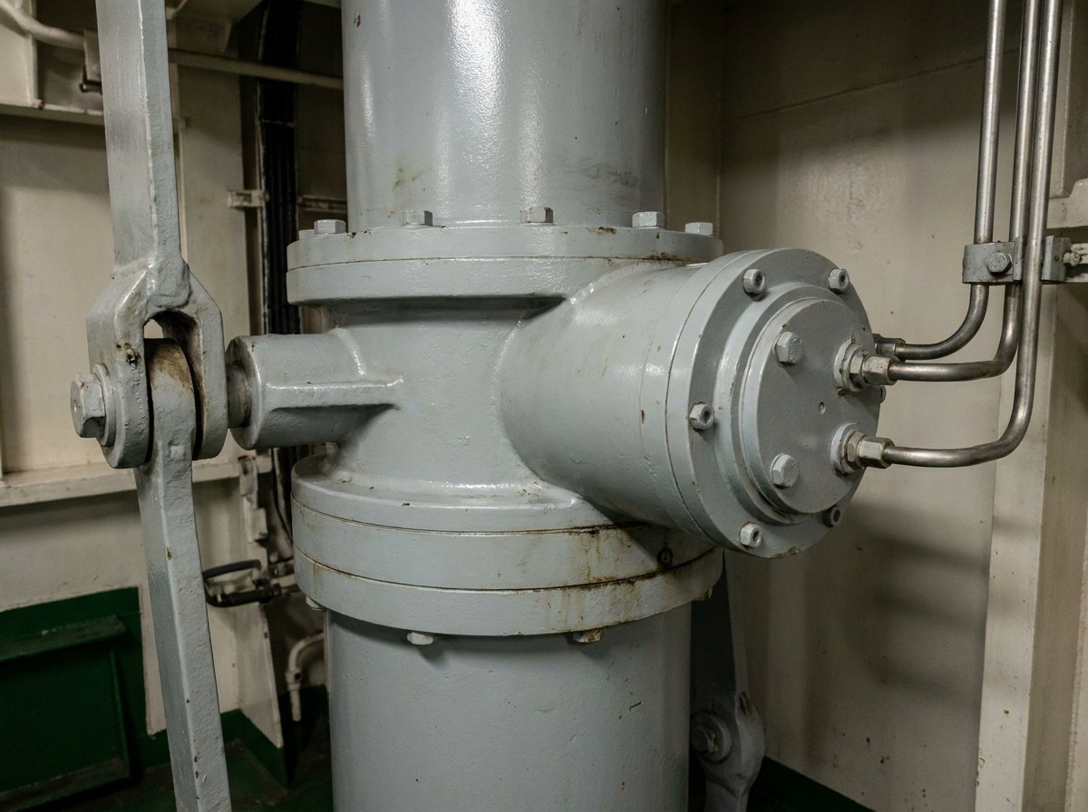 Illustrative image, not a delivered installation — a compact rotary-vane rudder actuator on top of a heavy vertical rudder stock, with hydraulic connections and a tiller feedback linkage, in a steering-gear compartment, no text and no people