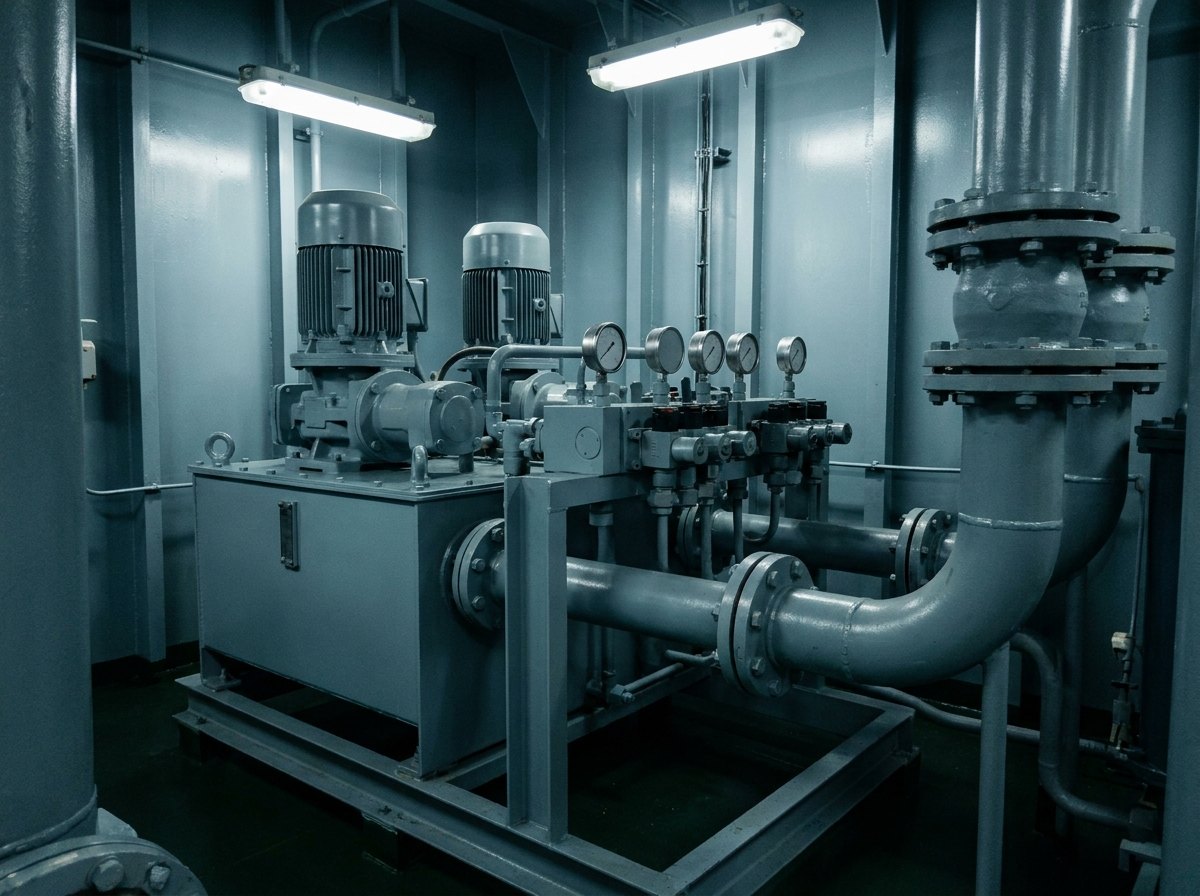 Illustrative image, not a delivered installation — an electro-hydraulic steering power unit: electric-motor-driven pumps on a reservoir tank with valve manifold blocks, gauges and piping, skid-mounted in a machinery room, no text and no people