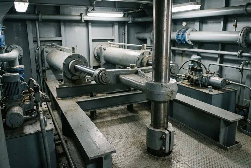 Illustrative image, not a delivered installation — a large electro-hydraulic ram-type steering gear in a ship's steering-gear compartment: two horizontal hydraulic rams acting through a crosshead and tiller on a heavy vertical rudder stock, with hydraulic power units and piping, no text, no insignia and no people