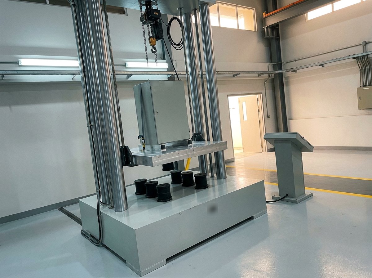 Illustrative of the class — a guided drop-shock test machine in a clean laboratory hall: two tall polished steel guide columns rising from a broad painted seismic base block, a machined drop table riding between the columns carrying a plain grey equipment cabinet on a mounting fixture, short cylindrical black elastomer pulse-shaper elements arranged on the base beneath the table, an electric chain hoist and release mechanism at the top of the columns, a small control pedestal standing apart with its panel angled away, clean light floor with a yellow line, no people and no readable markings