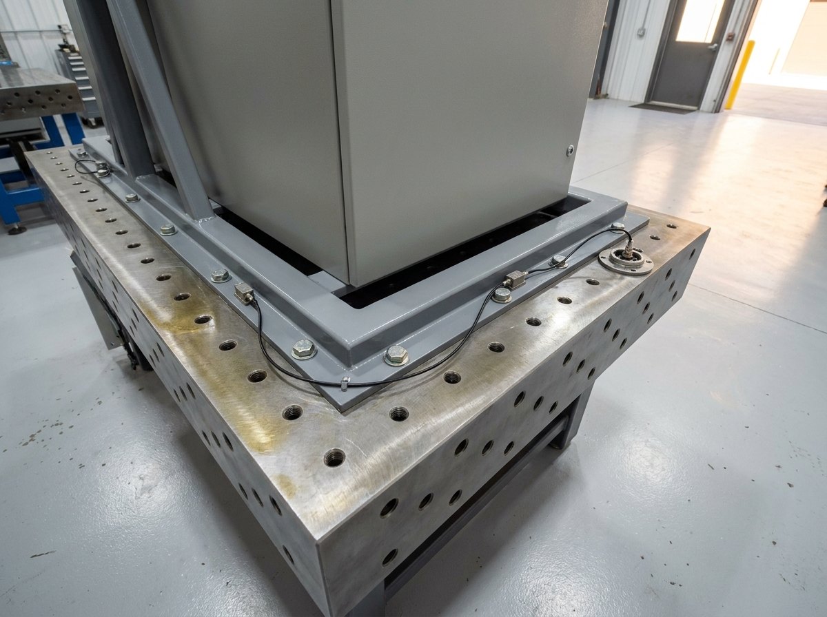 Illustrative of the class — close view of a thick machined anvil table in a clean test hall: a fresh-grey standardised steel mounting frame bolted to the table's grid of tapped holes, a plain grey sheet-metal equipment cabinet fixed inside the frame, small accelerometers with thin black cables clipped along the frame edge running to a round bulkhead connector at the table corner, bright machined table surface, clean light floor behind, no people and no readable markings