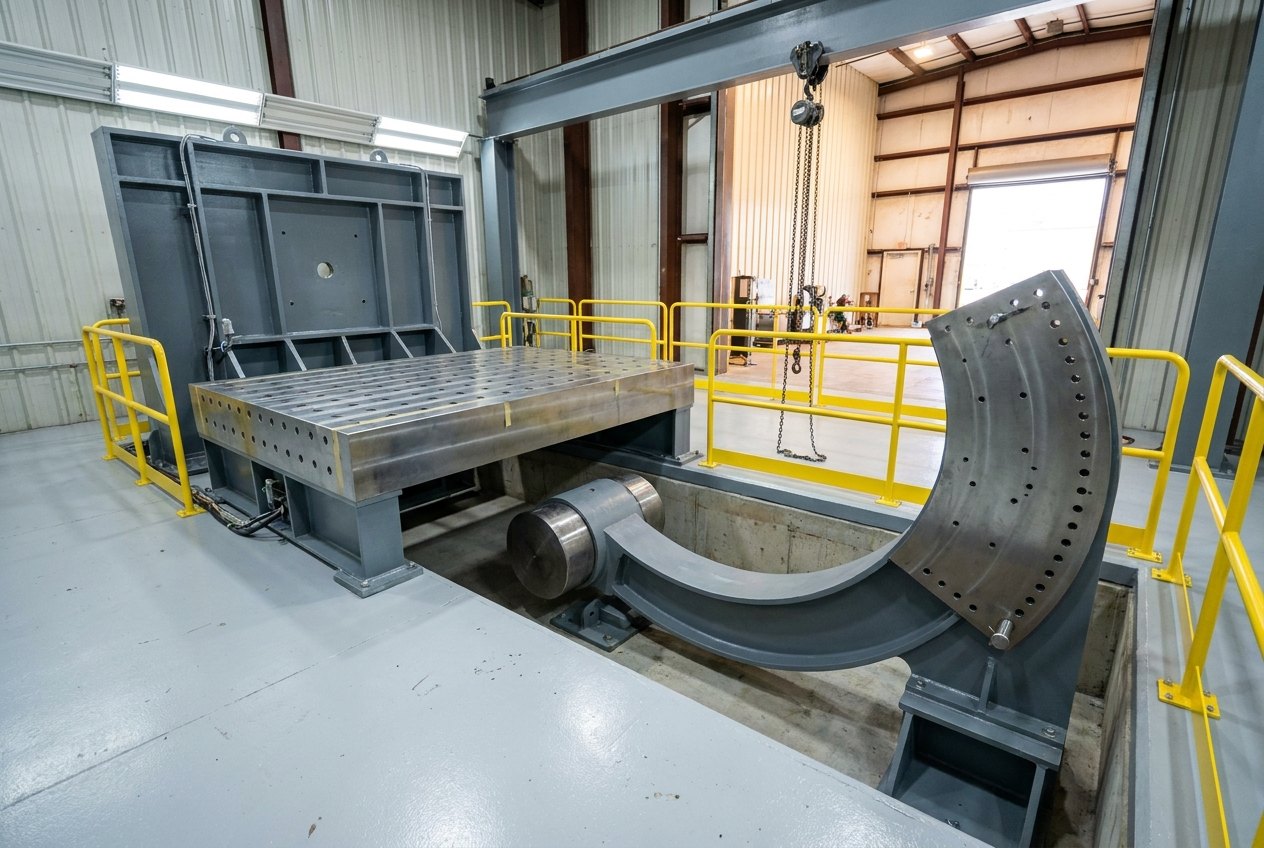 Illustrative of the class — a medium-weight-class naval shock qualification machine in a clean tall test hall: a heavy fabricated steel frame in fresh machine-grey paint standing over a shallow concrete pit, a very thick anvil table with a bright machined top drilled with a neat grid of tapped holes, a massive curved hammer arm with a cylindrical head resting at the bottom of its arc beneath the table, a tall curved steel quadrant plate carrying a row of plain drilled index holes and a locking pin, a chain hoist hanging from the frame beam, fresh yellow safety railing around the pit edge, clean light floor, no people and no readable markings