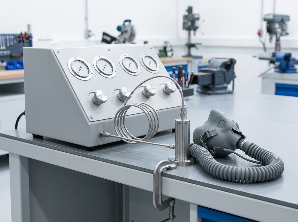 An oxygen mask test bench: a compact console with plain-faced pressure and flow gauges, calibrated regulators, a breathing-simulation connection and a mask coupled to a bench test adapter