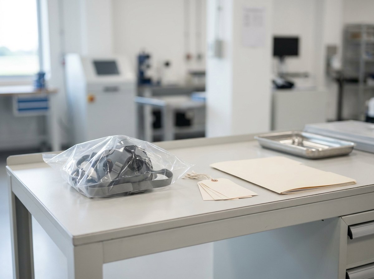 A certification and records station at the end of an overhaul line: a clean desk with a finished aircrew oxygen mask in a sealed clear bag beside blank serviceable tags and a closed record folder