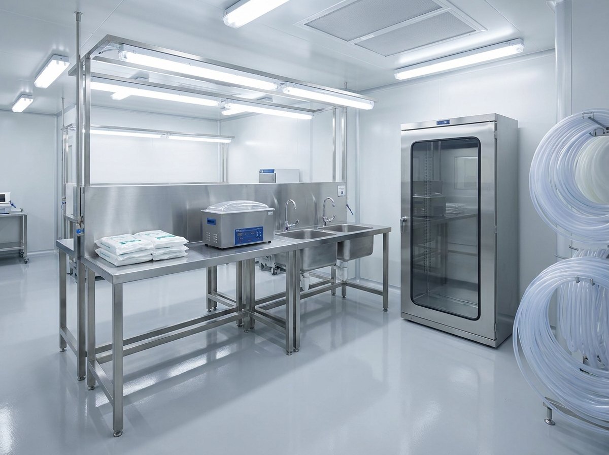 An oxygen-clean cleaning station: stainless sinks and ultrasonic baths with covered tanks, drying cabinets and lint-free wipes on a spotless bench in a bright clean room