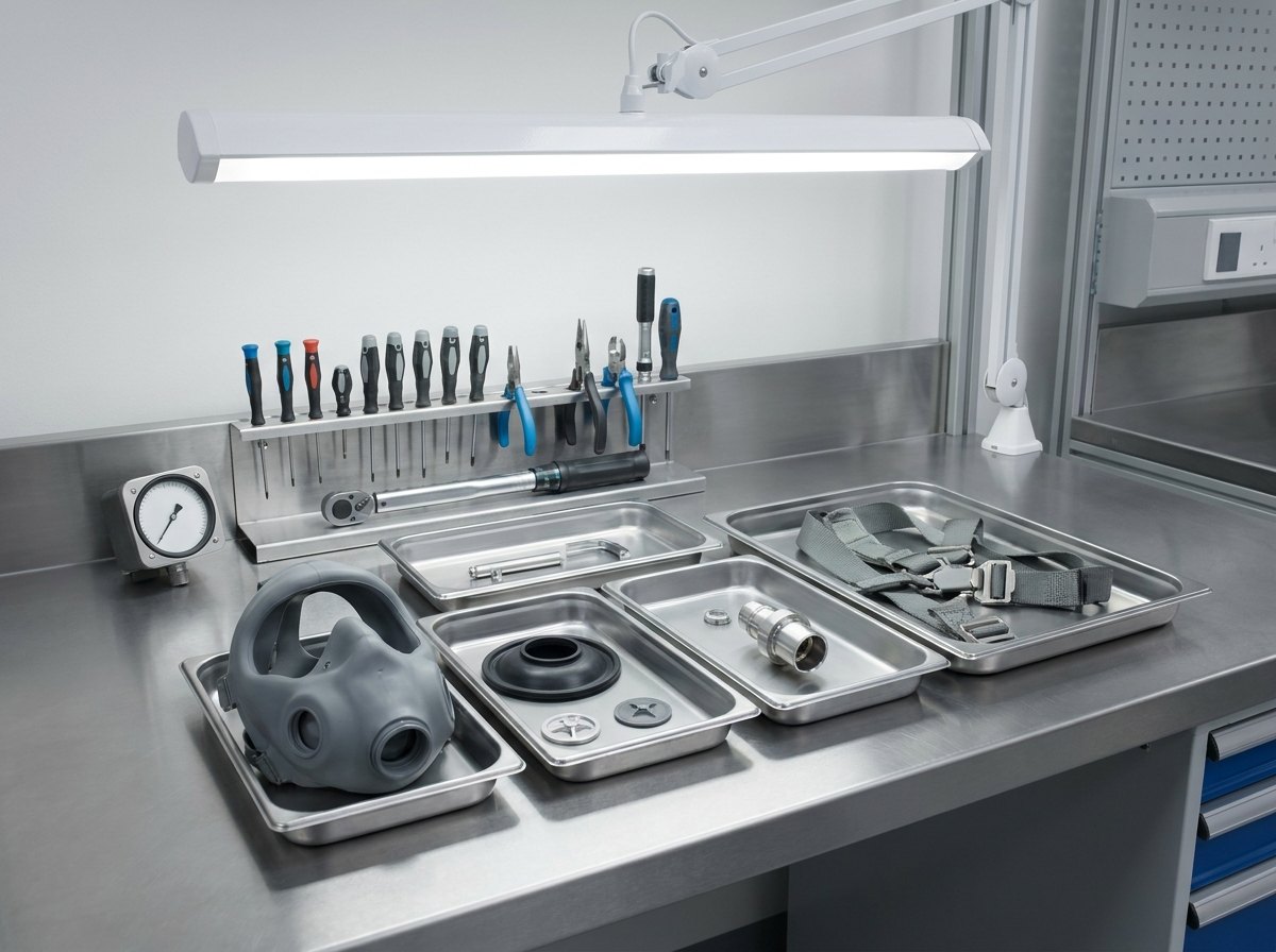 An aircrew oxygen mask overhaul workstation: a clean stainless bench with a mask disassembled into its shell, valves, diaphragm and harness laid out in parts trays under bright even light