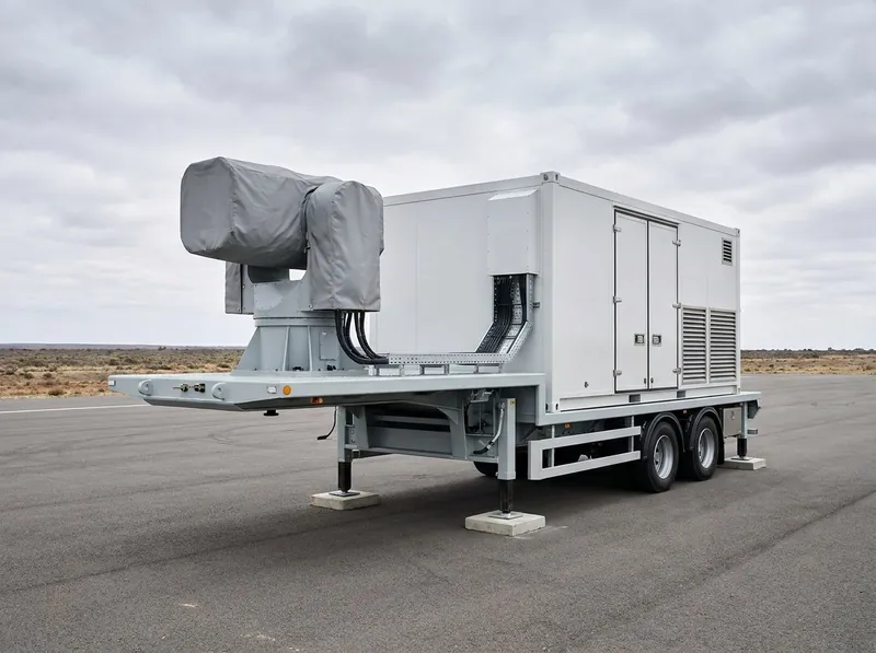 Representative render — mobile optical platform: light-grey semi-trailer with equipment shelter and a two-axis gimbal pedestal carrying a fully shrouded optical payload
