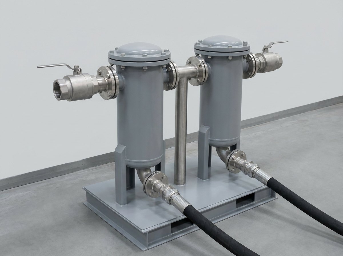 A single bank of two filter housings on a plain grey steel skid: two upright cylindrical grey painted steel housings with bolted domed lids, brushed stainless steel pipework with flanged joints joining their tops and bottoms, a stainless steel ball valve with a lever handle on each inlet, and two black flexible hoses with stainless couplings leaving the skid, and no people
