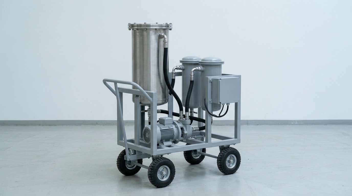 A single trolley-mounted oil purification unit: a compact welded frame of grey painted steel on four heavy rubber wheels with a tow handle, carrying a tall vertical cylindrical brushed stainless steel vacuum chamber with a bolted flat lid, two upright cylindrical grey filter housings with domed lids, a grey electric motor and pump low on the frame, black flexible hoses with stainless couplings joining them and a grey junction box, and no people