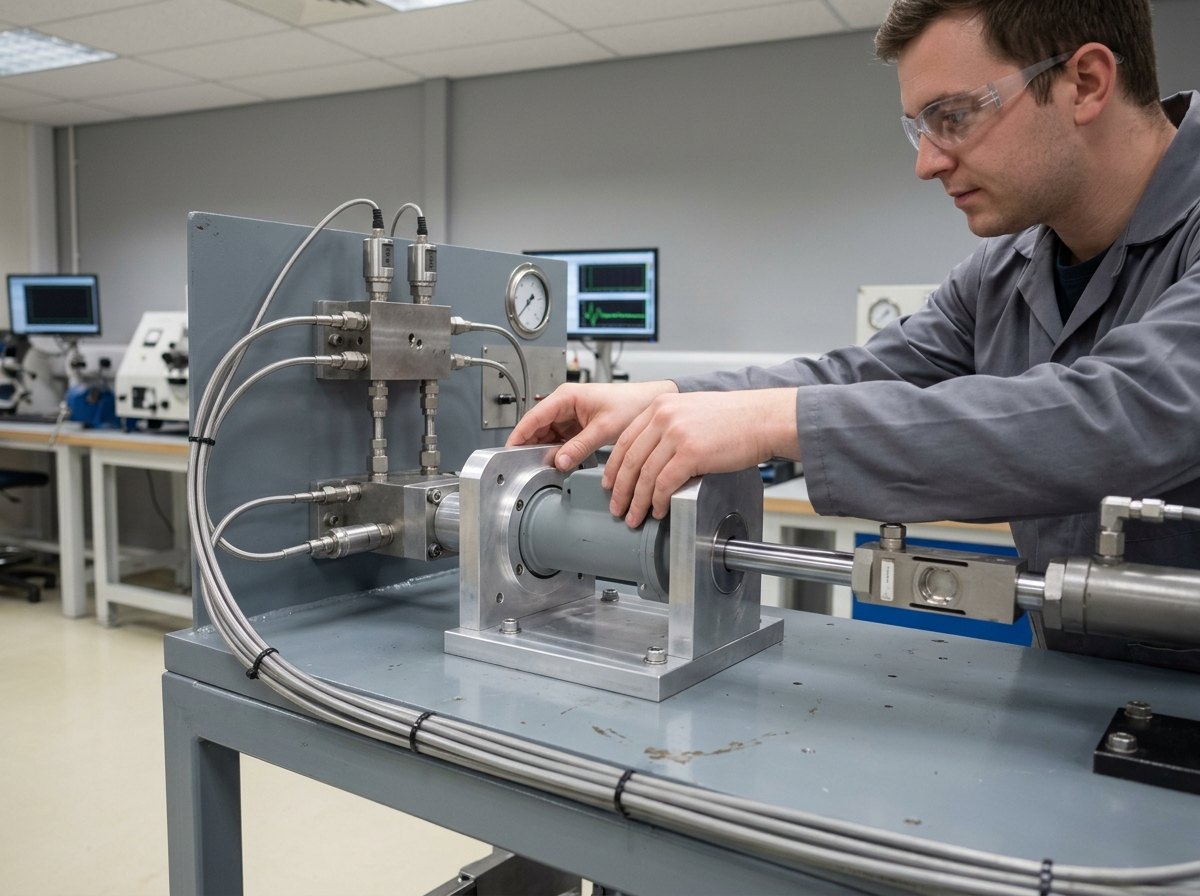 Illustrative of the class — a close working view of the article interface on a component test bench: a thick bright machined aluminium adapter plate bolted to a mid-grey steel bench top with a bespoke bored fixture holding the flanged end of a small unmarked grey component, a compact machined manifold block alongside with stainless supply and return tubes and three small pressure transducers threaded into it, thin instrument cables in a neat loom, and a short hydraulic load cylinder acting on the component's polished output rod through a clevis and an in-line load cell, with a technician leaning in and seating the component into its fixture by hand, no readable markings anywhere