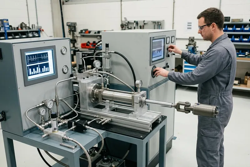 Illustrative of the class — an aerospace component overhaul test bench in use: a waist-height fabricated steel bench with a thick machined mounting plate carrying a single cylindrical hydro-mechanical actuator clamped horizontally in a bright machined aluminium cradle fixture, a compact grey manifold block with stainless tubing and three small pressure transducers, and a short hydraulic load cylinder pressing on the actuator's polished output rod through a clevis, with a technician standing at the adjacent instrument cabinet, one hand on a control, watching a live trace on its screen while the gauge needles sit off zero, no readable markings anywhere