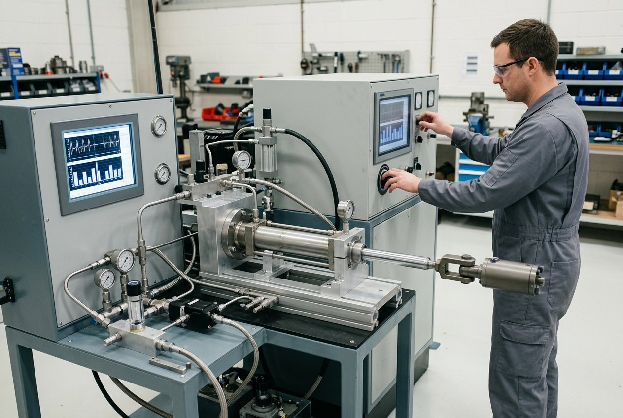 Illustrative of the class — an aerospace component overhaul test bench in use: a waist-height fabricated steel bench with a thick machined mounting plate carrying a single cylindrical hydro-mechanical actuator clamped horizontally in a bright machined aluminium cradle fixture, a compact grey manifold block with stainless tubing and three small pressure transducers, and a short hydraulic load cylinder pressing on the actuator's polished output rod through a clevis, with a technician standing at the adjacent instrument cabinet, one hand on a control, watching a live trace on its screen while the gauge needles sit off zero, no readable markings anywhere