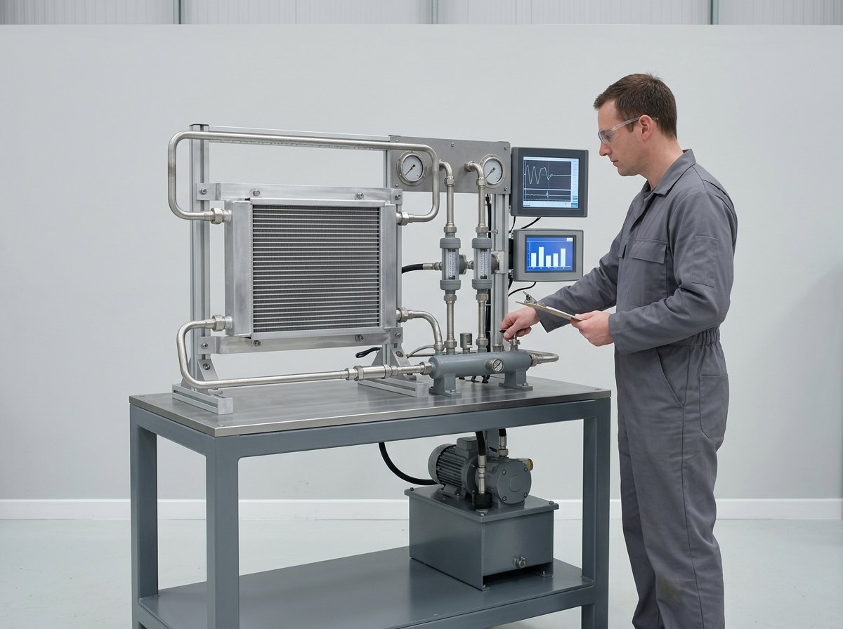 Illustrative of the class — a fluid-system component test stand under flow: a rectangular aluminium oil cooler matrix, plain and completely unmarked, mounted upright in a bright machined frame on a mid-grey fabricated stand, with stainless pipework running to its inlet and outlet through two in-line cylindrical flow meters and a grey manifold carrying small pressure and temperature transducers, a compact grey pump and reservoir unit on the lower shelf, light condensation on the cold pipework, and a technician at the stand with one hand on a stainless hand valve reading the flow meters, no readable markings anywhere