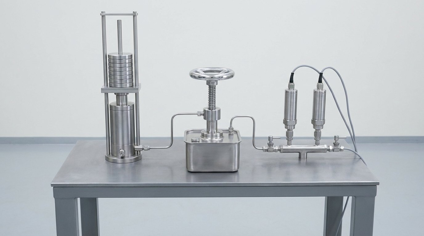 A pressure calibration bench on a plain steel table: a piston and cylinder with a stack of mass discs, a hand-wheel screw press on a stainless oil reservoir, and a manifold carrying two plain cylindrical pressure transmitters, joined by thin stainless tubes, and no people