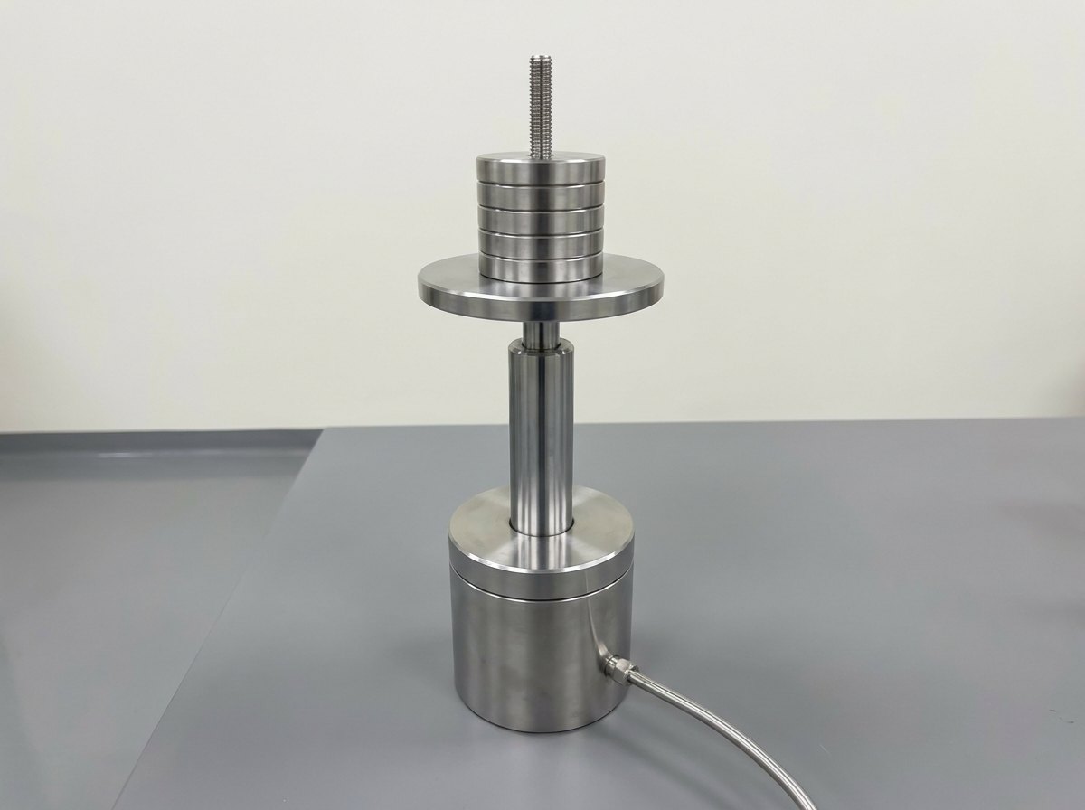A close view of a single piston and cylinder unit: a polished piston rising from a plain cylinder housing into a round carrier plate, with a stack of six plain mass discs on a threaded stem above it and a braided tube leaving the housing, and no people