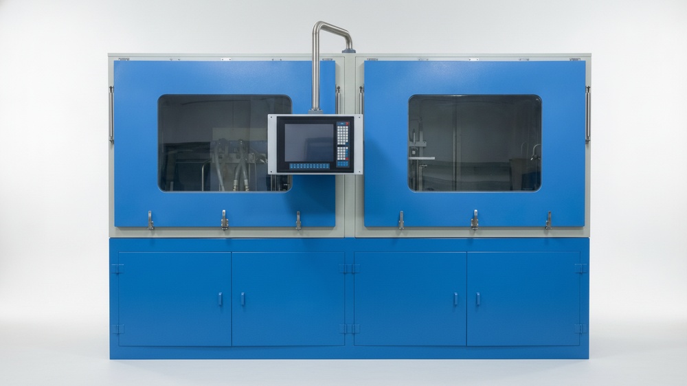Pressure Cycling Test Rig front view — twin test chambers with toughened-glass viewing windows, overhead stainless steel fill line, and touchscreen HMI panel