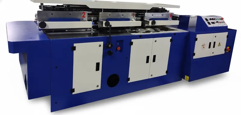 Six Clamp Perfect Binding Machine — Neometrix oval-path book binding line with hot-melt gluing and cover feed