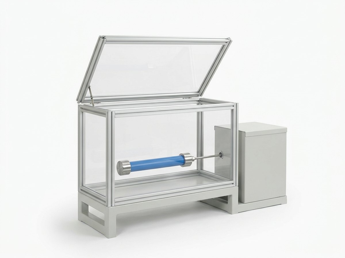 A short-time burst test station on a plain white studio background: a clear polycarbonate guard box with bright aluminium corner frames and its hinged lid open, standing on a pale grey steel base and holding a short blue plastic pipe closed with a steel end cap at each end, a thin stainless tube leaving the guard to a plain grey pump unit beside it, and no people