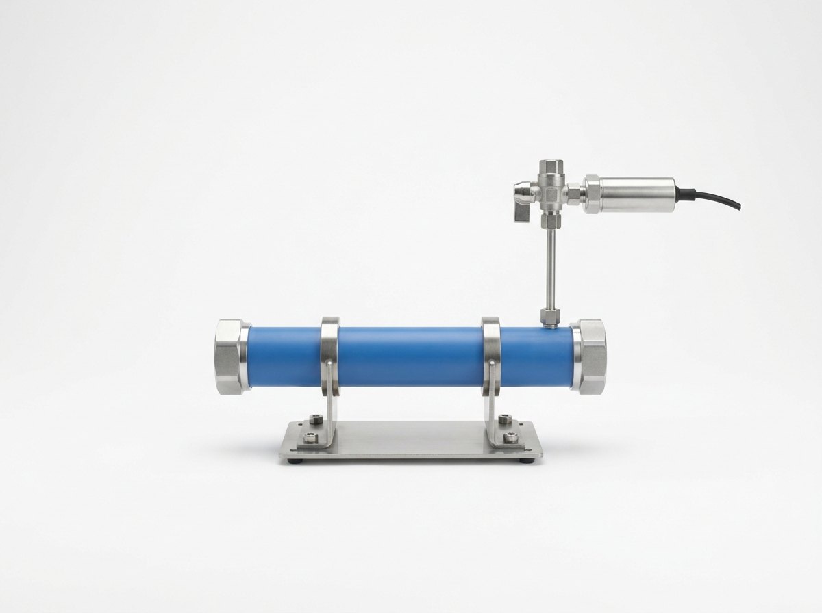 One test station of a pipe hydrostatic tester on a plain white studio background: a short length of smooth blue plastic pipe resting on two bright steel saddle supports on a stainless base plate, closed at each end with a bright steel end cap, with a thin stainless tube rising to a small ball valve and a cylindrical pressure transducer with a short black cable, and no people