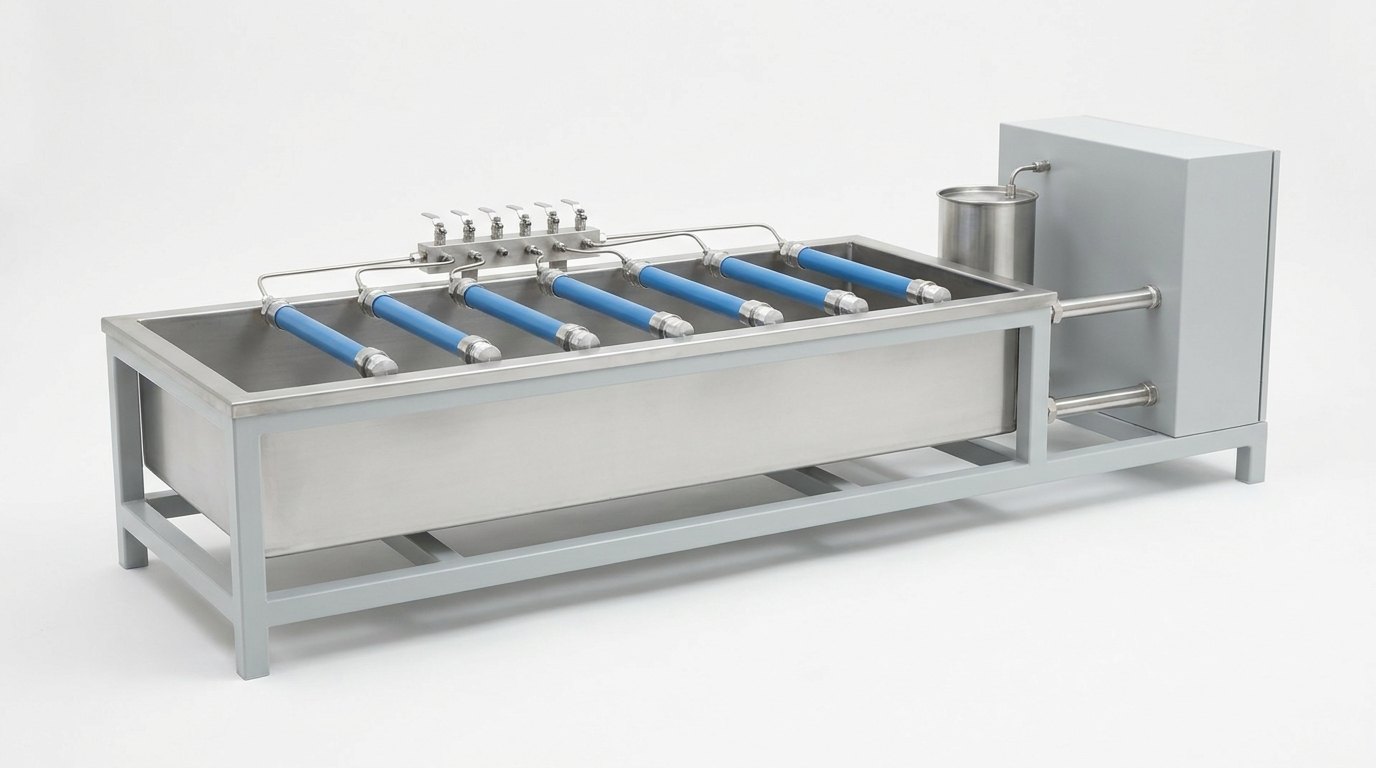 A multi-station pipe hydrostatic tester on a plain white studio background: a long low stainless steel water bath on a pale grey steel frame holding six short lengths of smooth blue plastic pipe side by side, each closed with a bright steel end cap at both ends and fed by a thin stainless tube from a stainless manifold block with six small valves at the back edge, a grey cabinet and a small stainless reservoir at the right end, and no people