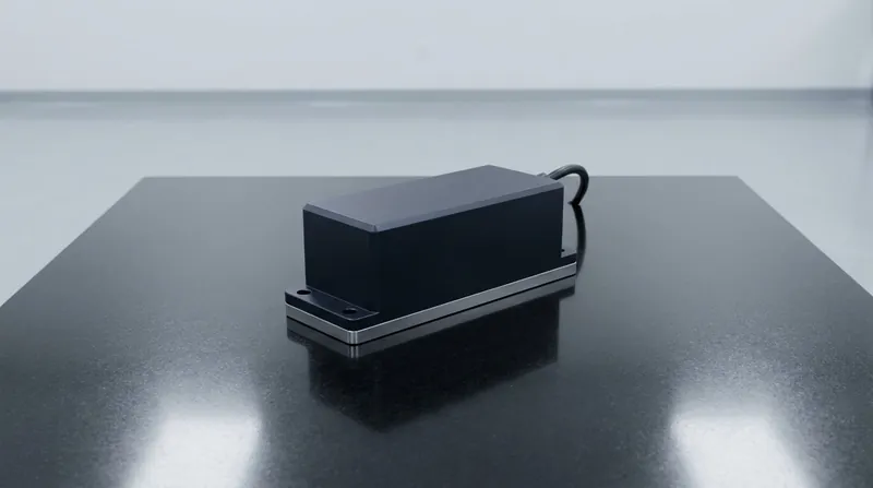 A single precision digital inclinometer on a polished black granite surface plate: a compact rectangular block of dark anodised aluminium with a flat ground underside, a smooth blank top face, two small mounting holes in a side flange and one short black cable leaving the end, and no people