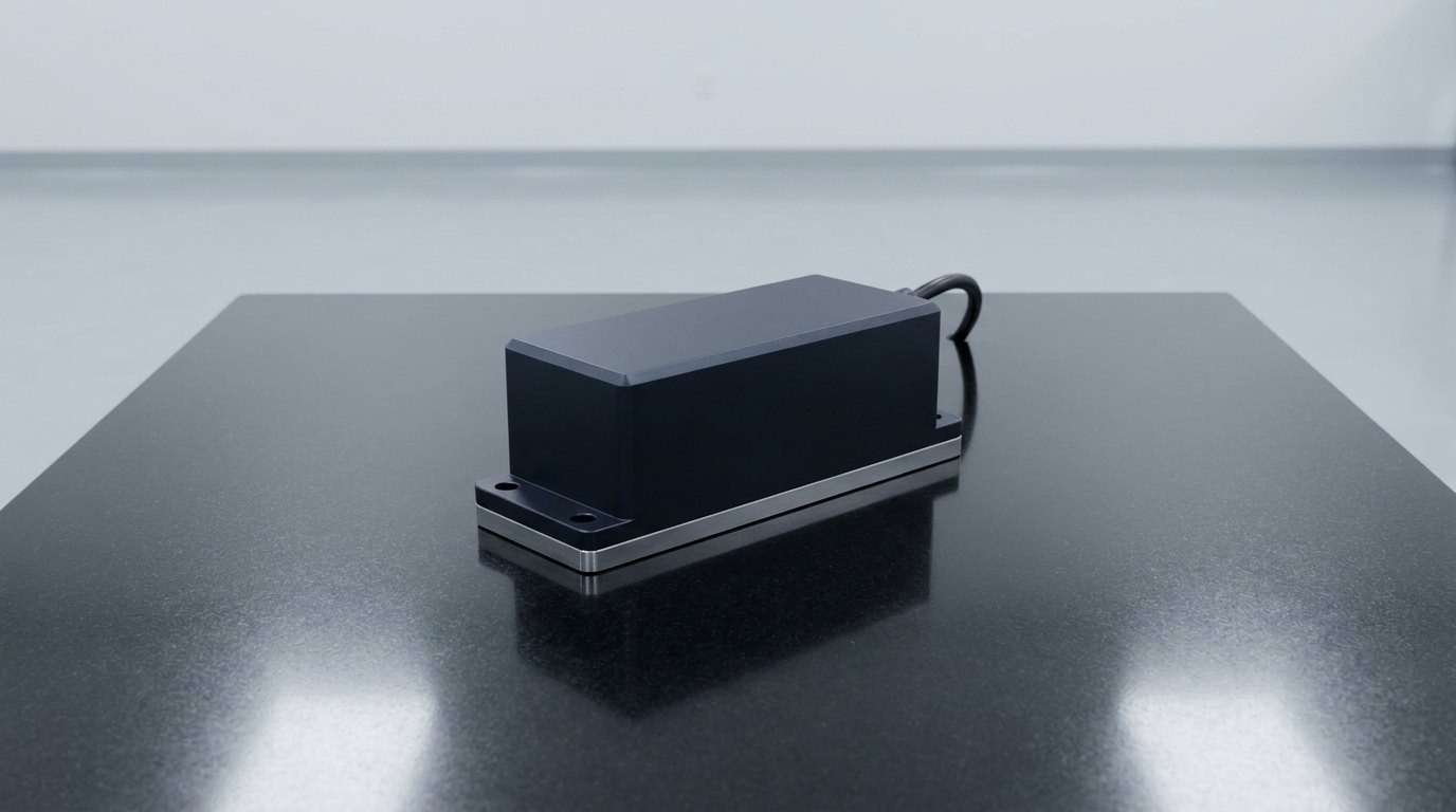 A single precision digital inclinometer on a polished black granite surface plate: a compact rectangular block of dark anodised aluminium with a flat ground underside, a smooth blank top face, two small mounting holes in a side flange and one short black cable leaving the end, and no people