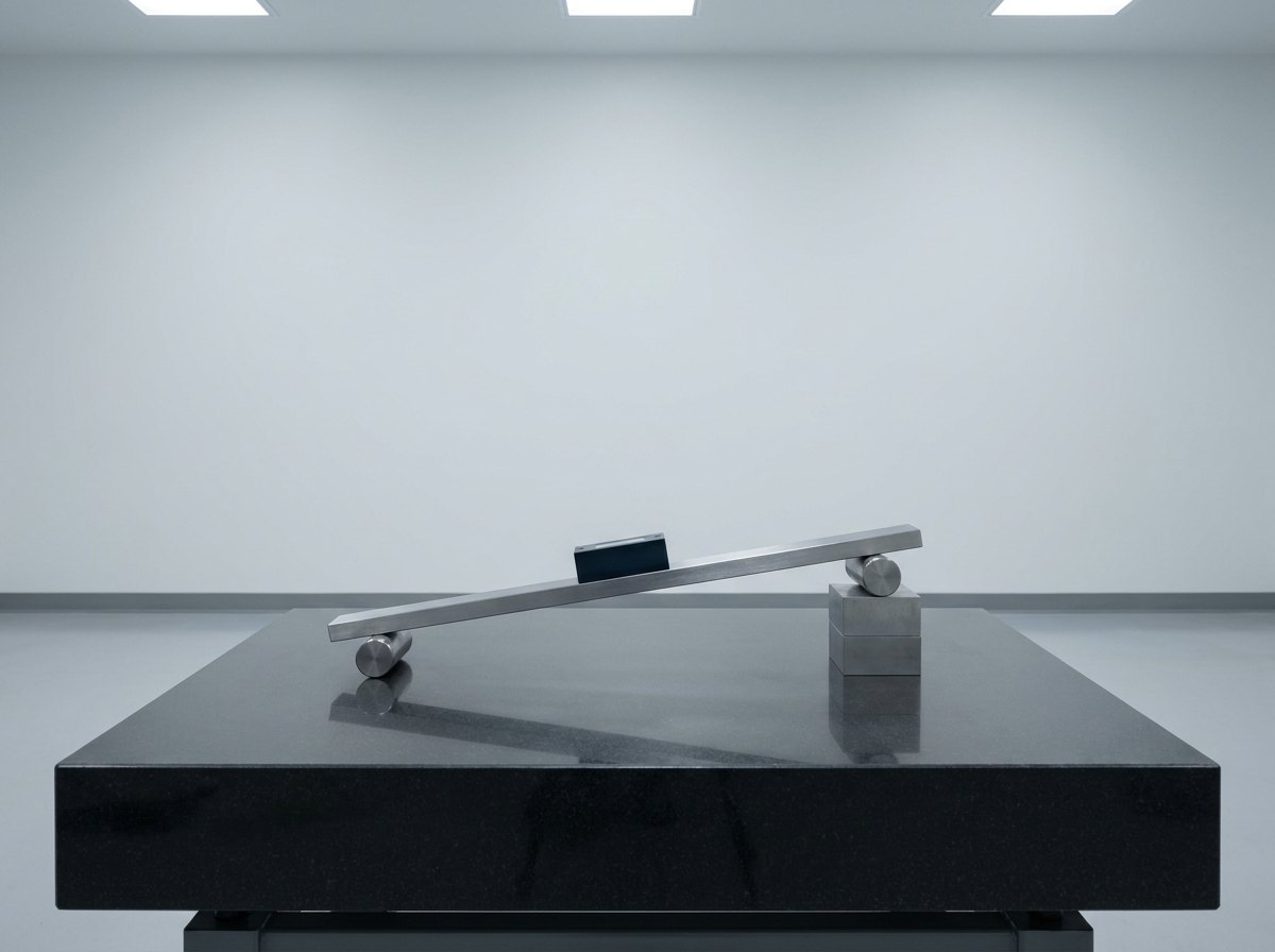 A single precision sine bar on a polished black granite surface plate: a long ground steel bar with a roller at each end, one roller on the plate and the other raised on a small stack of plain steel gauge blocks so the bar slopes gently, with a small dark inclinometer block resting on top of the bar, and no people