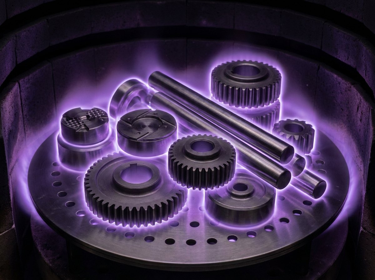 Representative render — the raised bell chamber of the furnace with steel components stacked on the SS304L base-plate hearth, bathed in the soft violet glow of a nitrogen-hydrogen plasma discharge