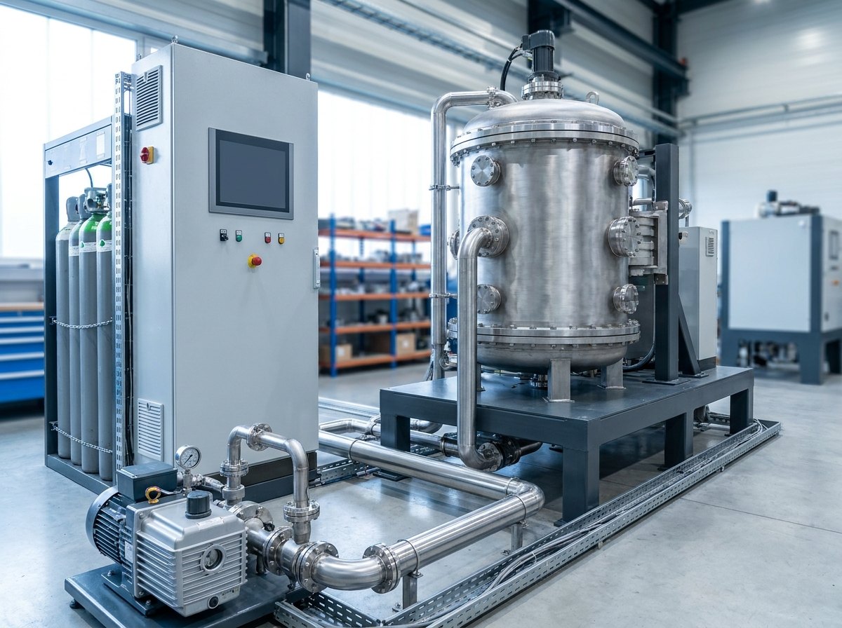 Representative render — a hot-wall vertical bell plasma nitriding furnace in a clean industrial heat-treatment shop: a tall cylindrical SS304L bell on a base-plate hearth, with a control panel, gas cylinder rack and vacuum unit alongside