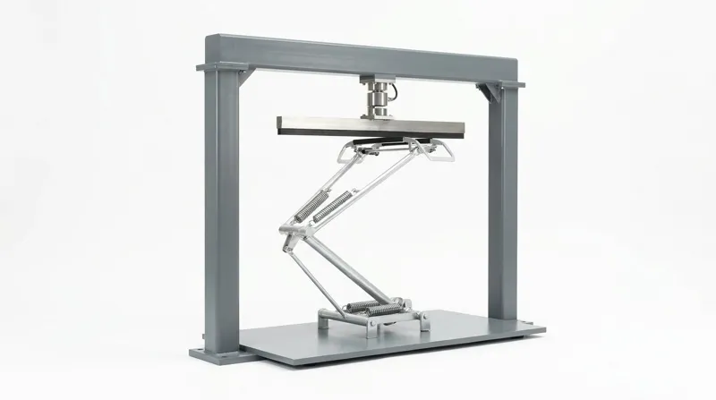 A single pantograph test bench on a plain white studio background: a heavy grey painted steel gantry with two square columns and a crossbeam, a bright flat contact bar hanging from a bright load cell, and on a grey base plate below it a single-arm pantograph in a folded Z shape of bright aluminium tubes with springs and a collector head with two black carbon strips touching the bar, and no people