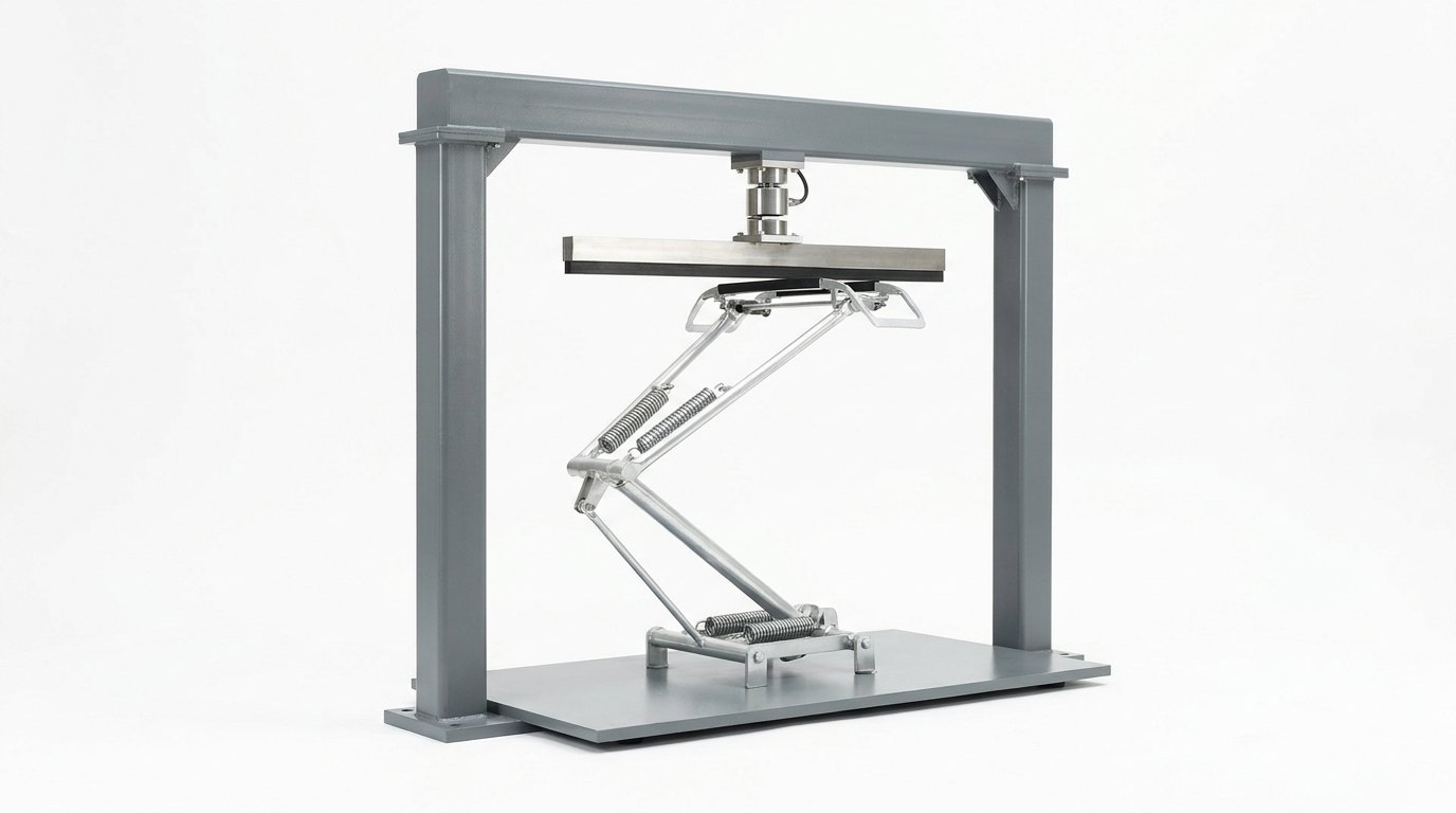 A single pantograph test bench on a plain white studio background: a heavy grey painted steel gantry with two square columns and a crossbeam, a bright flat contact bar hanging from a bright load cell, and on a grey base plate below it a single-arm pantograph in a folded Z shape of bright aluminium tubes with springs and a collector head with two black carbon strips touching the bar, and no people