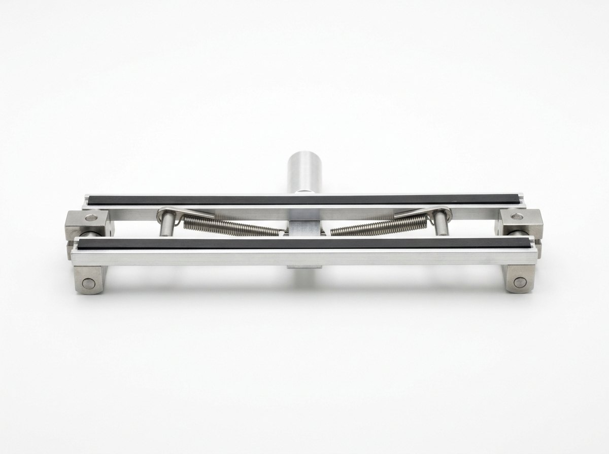 A single pantograph collector head on a plain white studio background: a long rectangular bright aluminium frame carrying two parallel black carbon contact strips, with springs, a sprung support and a pivot block at each end and a short aluminium tube rising from the middle, and no people