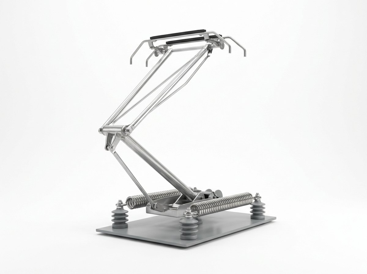 A single single-arm electric locomotive pantograph on a plain white studio background, raised in a folded Z shape: a lower arm and an upper arm of bright aluminium tubes, bright steel springs, four grey ribbed insulating supports on a grey base plate, and a collector head with two black carbon strips, and no people