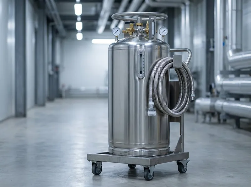 Polished SS 304 portable liquid nitrogen dewar on a wheeled trolley with valve head, gauges and corrugated cryogenic transfer hose