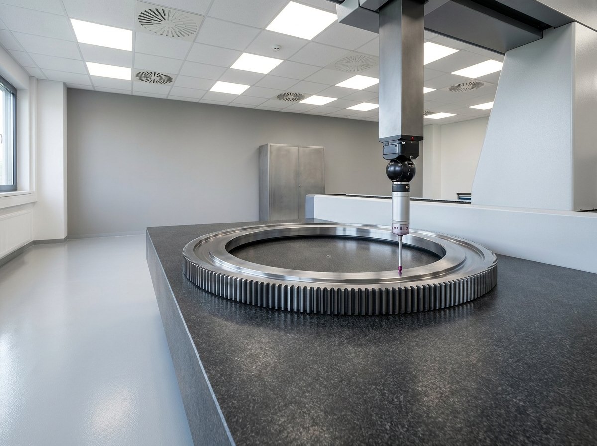 A single large steel bearing ring with gear teeth around its outer edge resting on a granite inspection table, with a coordinate measuring machine probe arm reaching down and touching the ring's inner raceway surface in a clean metrology room