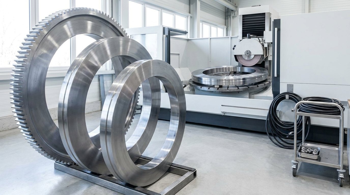A precision machine shop with three forged steel bearing rings of different diameters standing on a floor rack, one with gear teeth cut into its outer edge, and a large ring grinding machine behind them holding a similar ring flat on its rotary table with the grinding wheel poised above it; a small trolley with coiled cable and a tray of steel balls stands to one side, and there are no people
