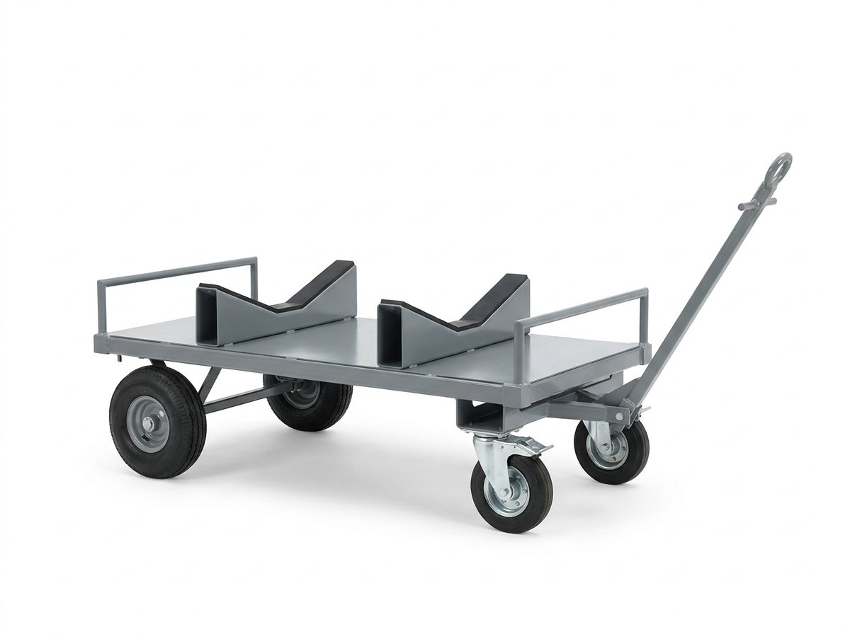 A single heavy duty platform trolley with a cradle on a plain white studio background: a long low grey welded steel chassis and flat deck carrying two shaped steel saddle supports lined with black rubber pads and plain steel stop rails at the ends, two large pneumatic wheels, two braked swivel castors and a long steering drawbar with a towing eye, and no people