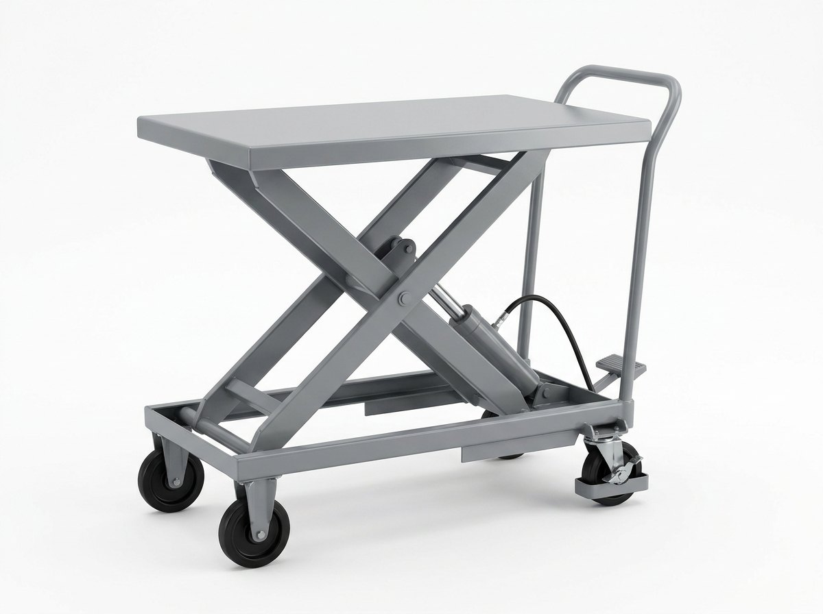 A single hydraulic scissor lift platform trolley on a plain white studio background, raised: a low grey steel base frame on four castors, crossed grey scissor arms with pivot pins, a flat grey steel platform top, a hydraulic cylinder between the arms with a black hose to a foot pump pedal at one end of the base, and a tubular push handle, and no people