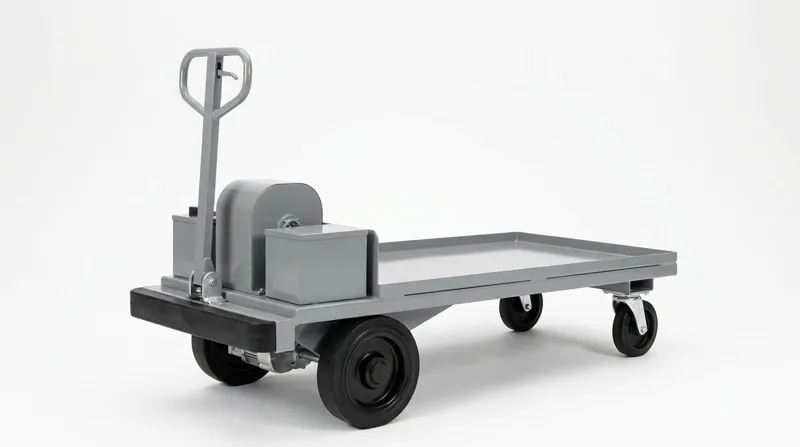 A single battery operated platform truck on a plain white studio background: a low flat smooth grey steel load deck with a raised edge lip, two large solid rubber drive wheels under one end and two small swivel castors under the other, a compact grey motor enclosure and battery box at the drive end, a long upright tiller handle with a looped grip and a solid rubber bumper across the front, and no people