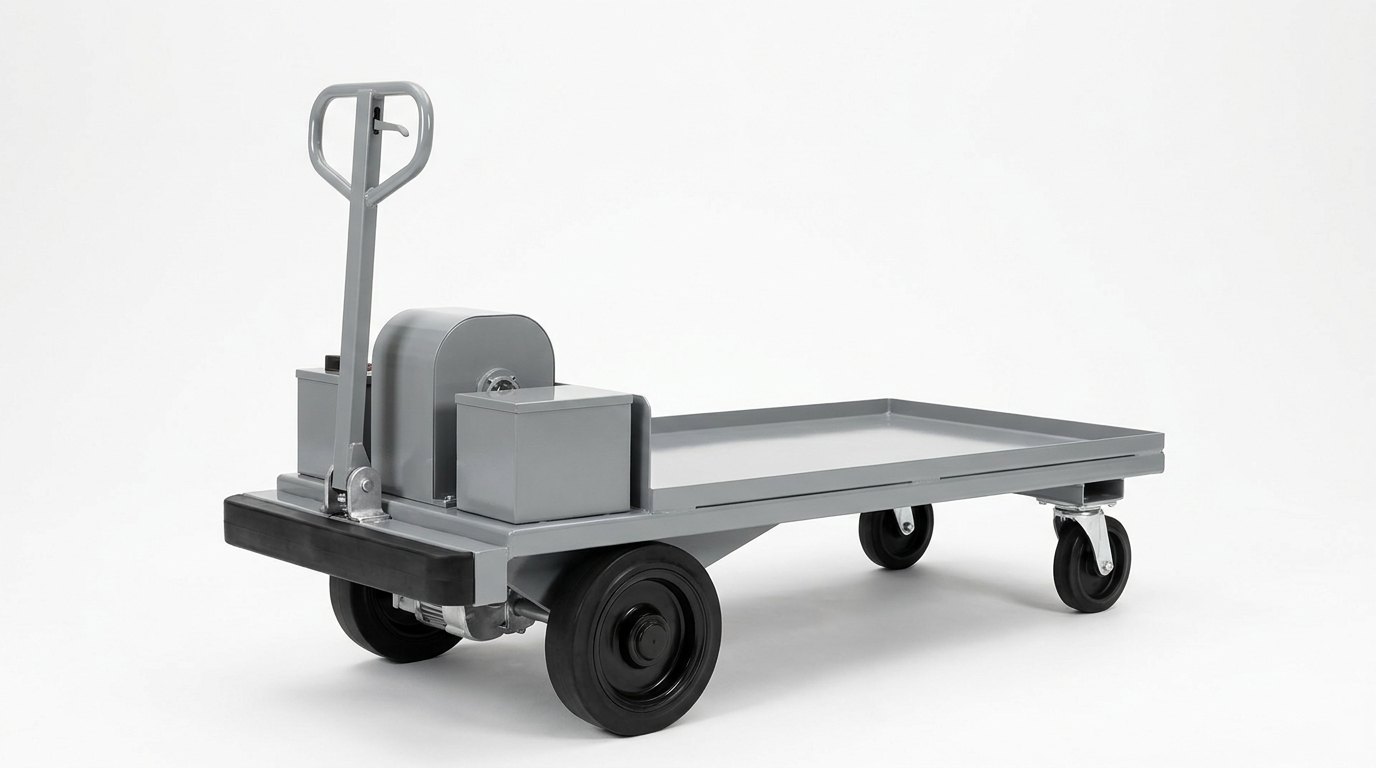 A single battery operated platform truck on a plain white studio background: a low flat smooth grey steel load deck with a raised edge lip, two large solid rubber drive wheels under one end and two small swivel castors under the other, a compact grey motor enclosure and battery box at the drive end, a long upright tiller handle with a looped grip and a solid rubber bumper across the front, and no people