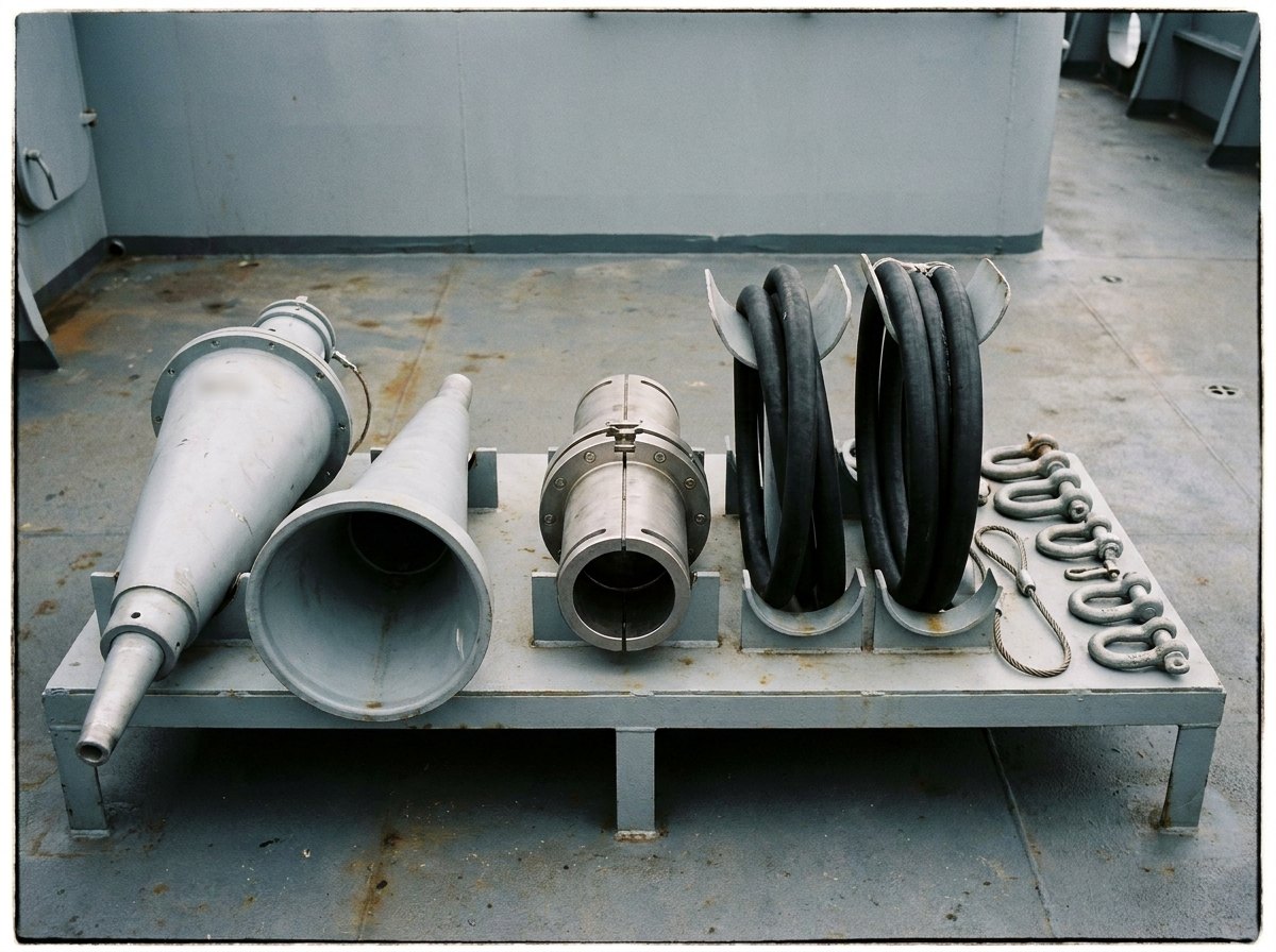 Illustrative image, not a delivered system — fuelling-at-sea transfer hardware on a deck stand: a grey conical probe unit beside its bell-mouth receiver, a breakaway coupling with both halves mated, black hose lengths on curved saddle cradles, shackles and a wire sling, plain grey deck and bulkhead, no people and no text