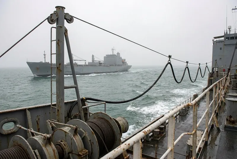 Illustrative image, not a delivered system — a replenishment-at-sea rig seen from the delivering ship's deck: a grey kingpost with a tensioned spanwire and hose saddles running out over open water toward a soft-focus unmarked grey ship steaming abeam, deck winches and fairleads in the foreground, overcast maritime light, no people and no markings