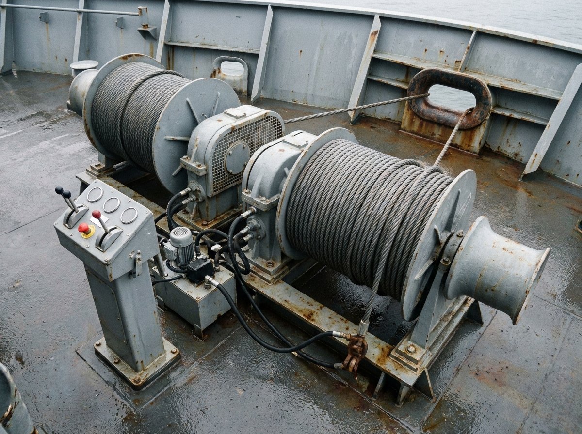 Illustrative image, not a delivered system — a pair of grey constant-tension deck winches with grooved drums and wire rope, hydraulic piping and guarded gearing, a small control pedestal with levers, blank gauges and one guarded red emergency control, wet steel deck and a fairlead leading the wire outboard, no people and no text
