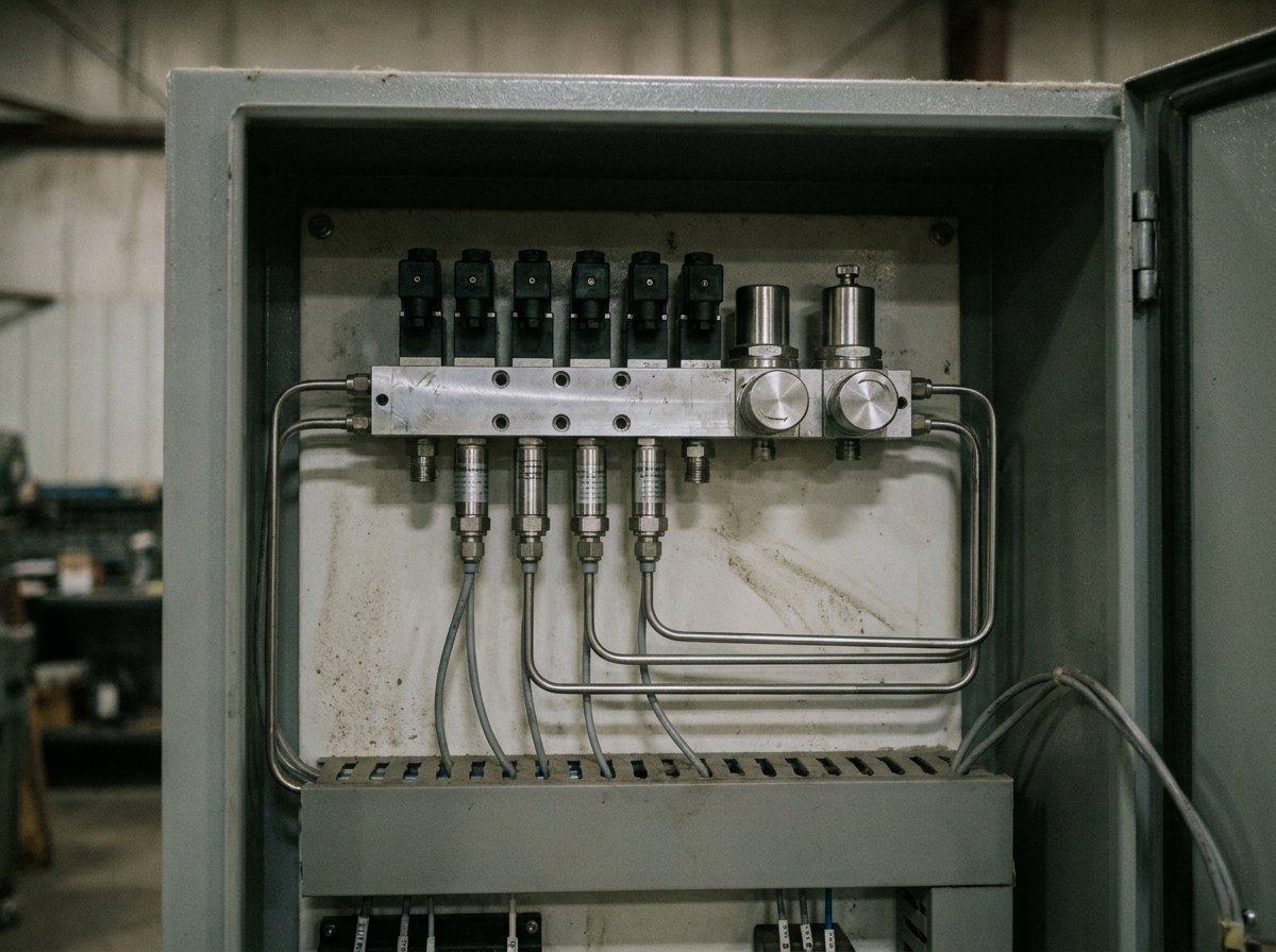 Illustrative image, not a delivered system — the pneumatic manifold inside an opened control cabinet: a machined aluminium manifold block with a row of black solenoid valves along its top, two polished precision pressure regulators, four small cylindrical pressure transducers with thin cables, and tidy bent stainless tubing on a pale back panel, all plain and unmarked, no people and no text