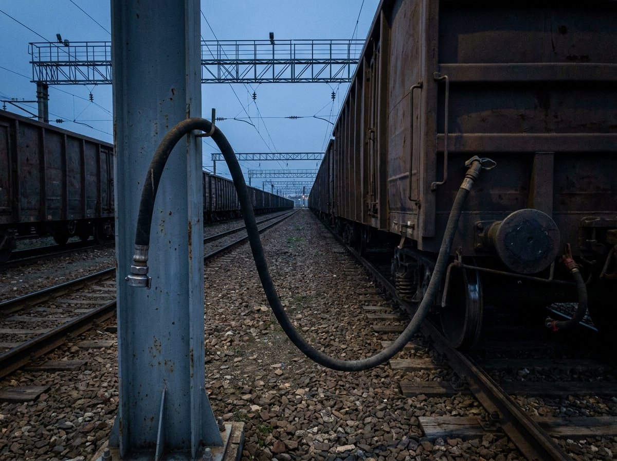 Illustrative image, not a delivered system — a trackside brake test point at dusk: a slim grey steel column beside the rail with a thick air hose looping to the coupling at the end of the nearest vehicle, and a long line of plain unmarked freight wagons receding down the straight track into the distance, ballast, rails and gantry structures, low evening light, no people and no markings