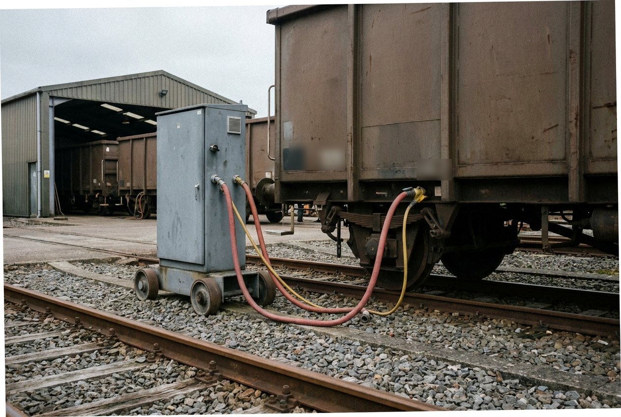 Illustrative image, not a delivered system — a brake test rig beside a depot track: a grey steel control cabinet on heavy castors with red and yellow coiled air hoses running to the brake-pipe couplings under the end of a plain unmarked freight wagon, weathered ballast and rail in the foreground, an open-sided depot shed behind, overcast light, no people and no markings