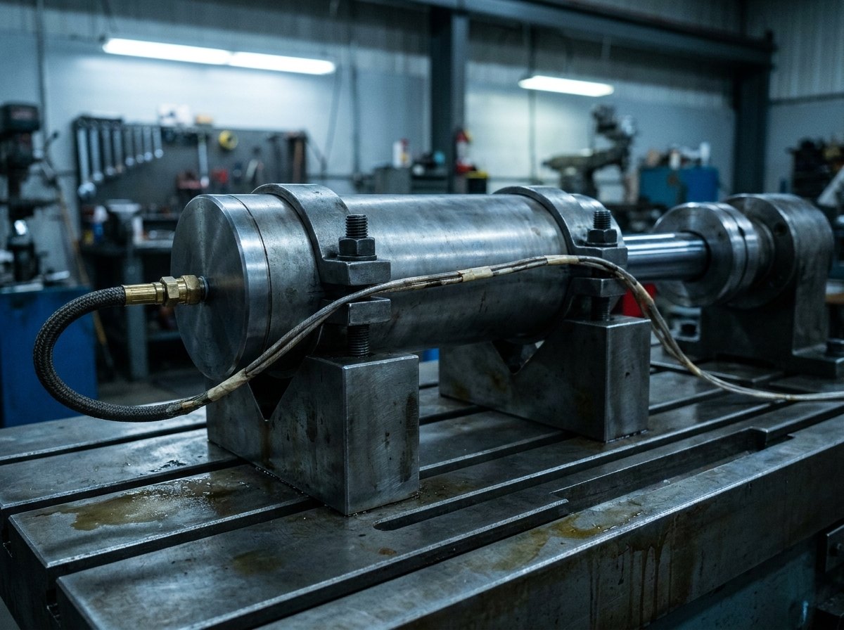 Illustrative image, not a delivered system — close view of a plain heavy steel cylinder clamped in a test fixture: the smooth body sits in two machined vee-block fixtures with heavy hold-down straps, a polished piston rod emerges into a coupling, a small pressure fitting with a short braided hose at the closed end, thin instrumentation cables taped along the body, machined steel bed beneath, no people and no text